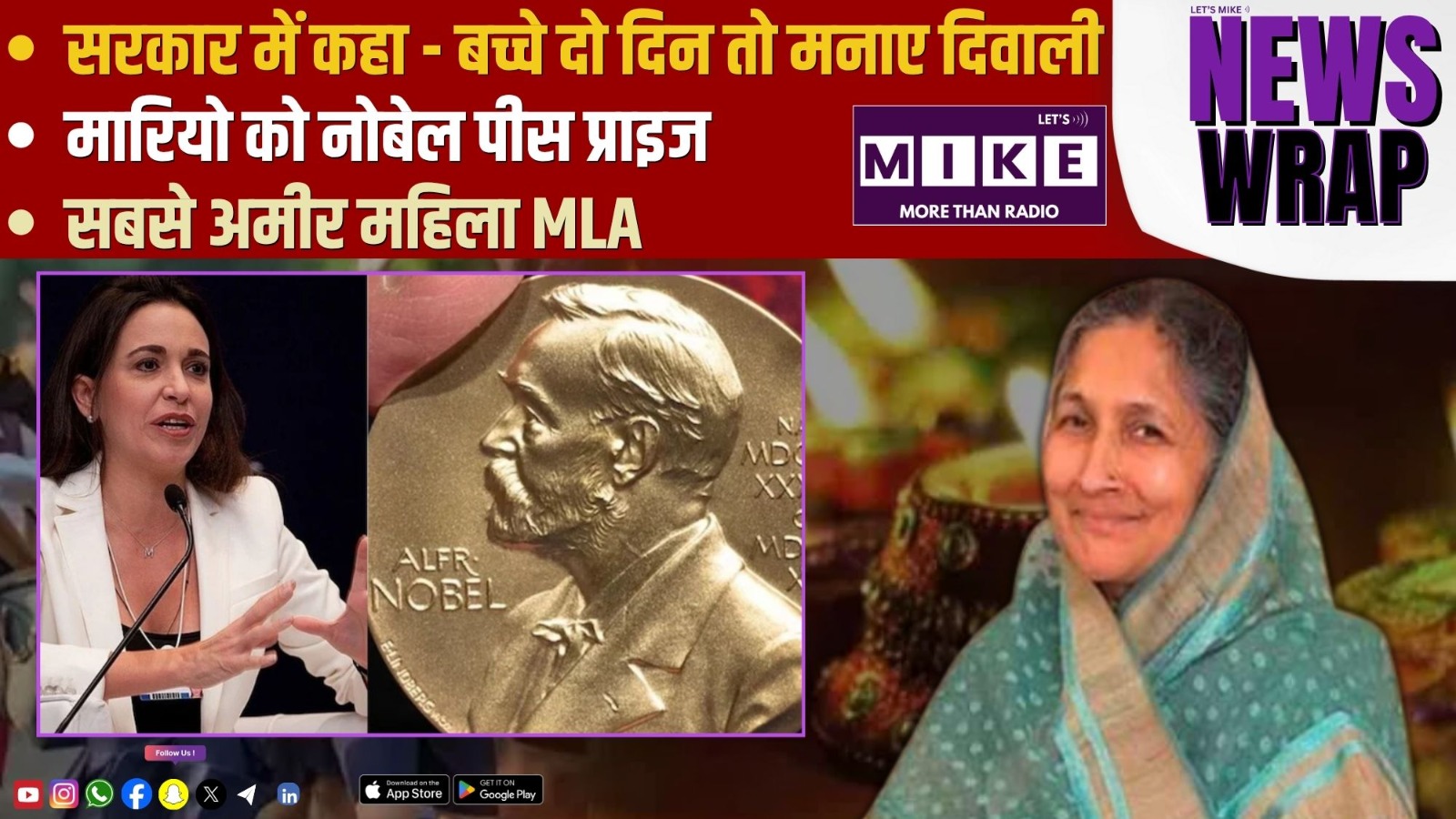 सरकार में कहा - बच्चे दो दिन तो मनाए दिवाली | मारियो को नोबेल पीस प्राइज |सबसे अमीर महिला MLA